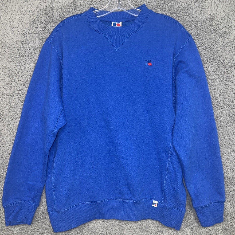 Russell Athletic Sweater Unisex Sz L Blank Blue Embroider Logo Crewneck Pullover